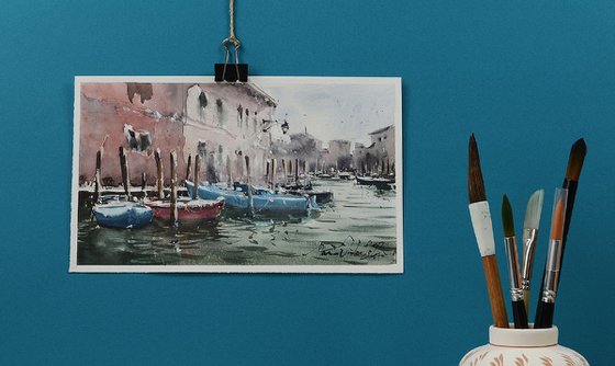 Colorful Boats in Venice, watercolor on paper, 2022