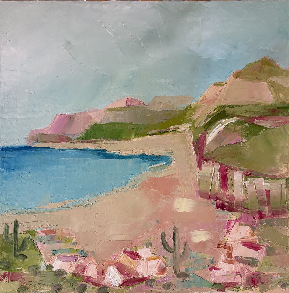Expressive Oil Painting , Calm Multicoloured Coastal Ocean Landscape By Daniela Nocito, 20 X 20, Artwork For Sale On Artfinder