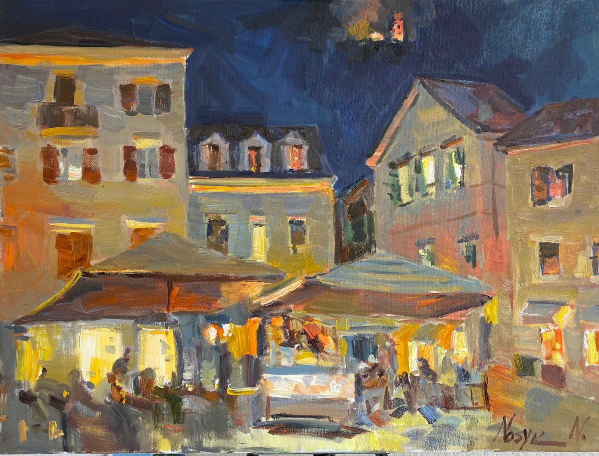 Night city Kotor | oil painting on canvas flowers by Nataliia Nosyk