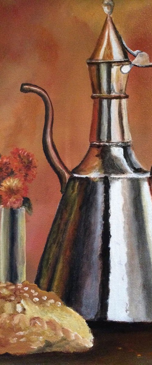 Silver Antique Kettle Original Oil Painting in a gorgeous frame 12x16 by Mary Gullette