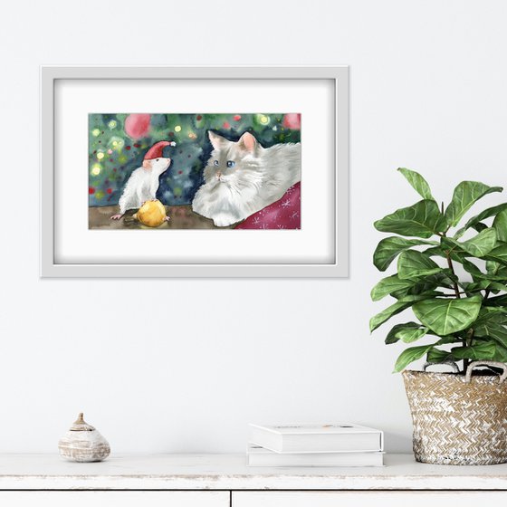 New Year's illustration with a white cat and a mouse. Original watercolor artwork.