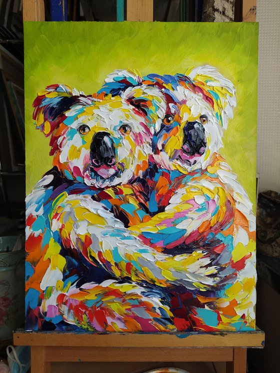 Koalas in love - oil painting, love, koala bear, Australia, lovers, koala, koala oil painting, animals, koala art, animals oil painting