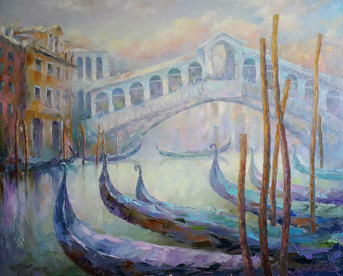 Impressionistic Cityscapes Oil Painting By Viktoria Lapteva, 39 X 31", Early Morning - Rialto Bridge, Original Artwork