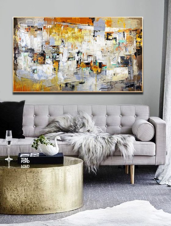 Most of All - Extra Large Oversize Abstract Painting 71" x 40" , Gray Yellow Gold Leaf Soft Colors White Gray Painting