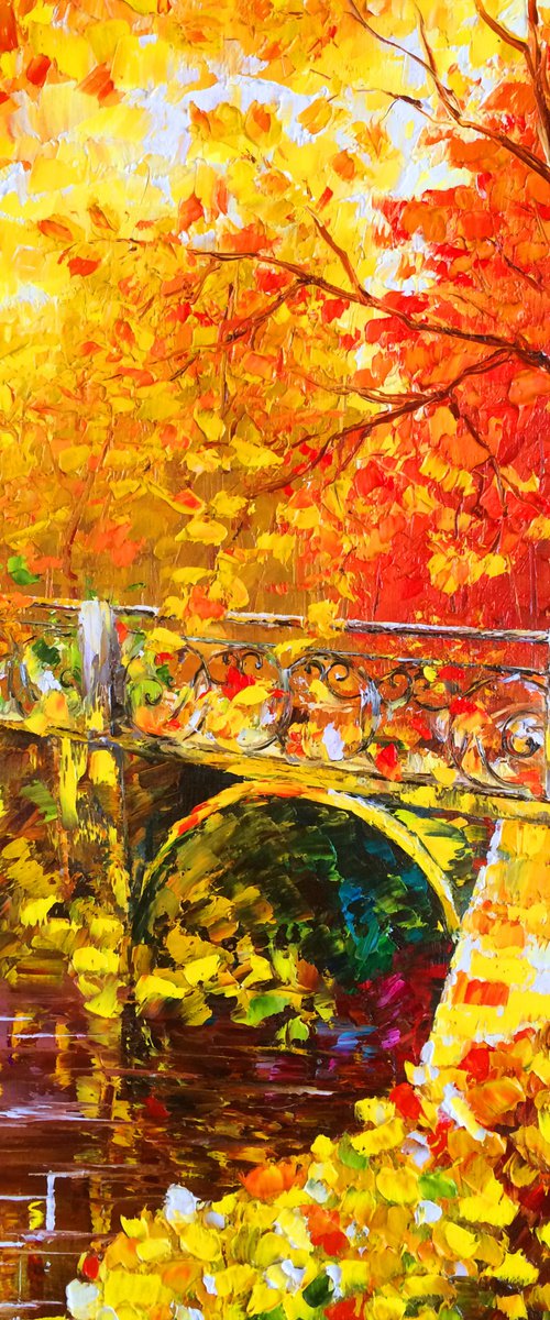 GOLDEN DAY - Autumn mood. Colorful park. Bridge in the forest. Yellow leaves. River. September. Warm day. by Marina Skromova
