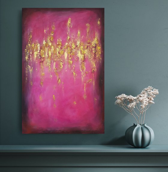 "A certain romance" Large Mixed Media Painting Contemporary Wall Art Pink and Gold Art Textured Abstract Painting Modern Decor