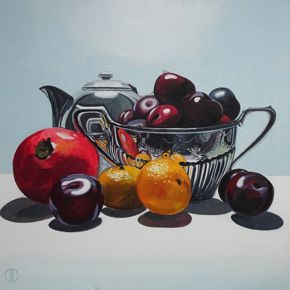 Photorealistic Still Life Acrylic Painting By Joseph Lynch, 20 X 20, Silverware And Fruit, Original Artwork