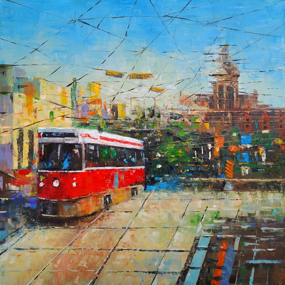 Red tram-1 (60x60cm, oil painting, ready to hang)