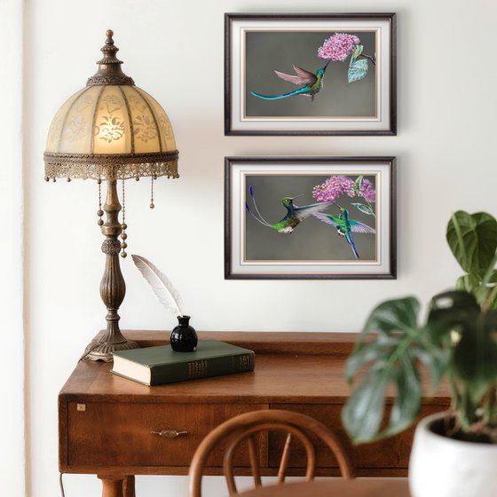 Colibri Flowers Diptych Pastel