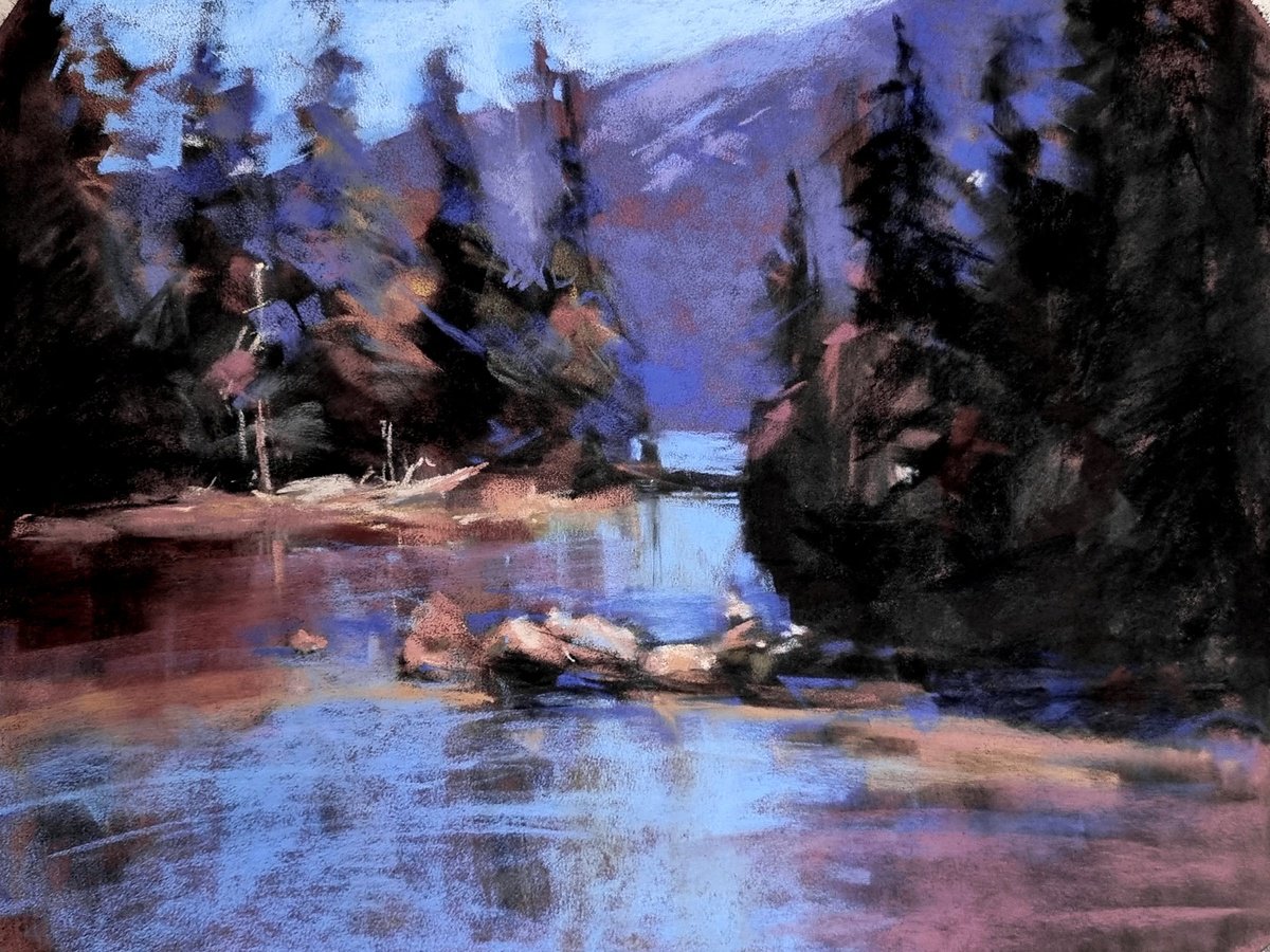 Impressionistic Landscape Pastel Drawing By Elena Genkin, 16 X 12, Plum Sunset In The Forest, Original Artwork