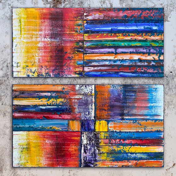 "I Want Candy" - Original PMS Large Oil Painting Diptych on Recycled Wooden Panels - 48 x 48 inches