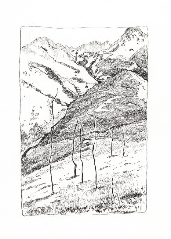 Caucasus mountains. Little landscape drawing. Sketch drawing