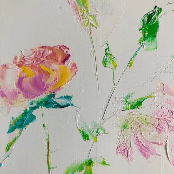 FAIRY DANCE- Little roses. Pink flowers. White background. Buds. Beautiful flowers. Provence. Decor.