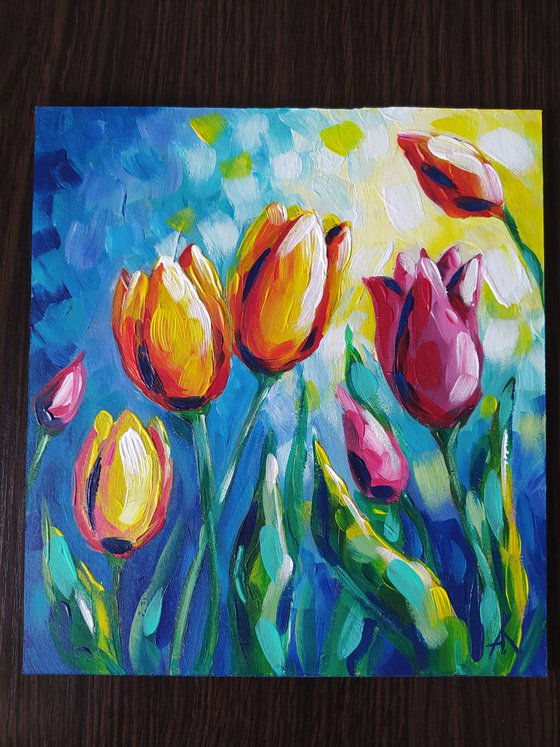 Spring - flowers, tulips artylic, acrylic painting,  flowers, still life, flowers of tulips, flowers acrylic