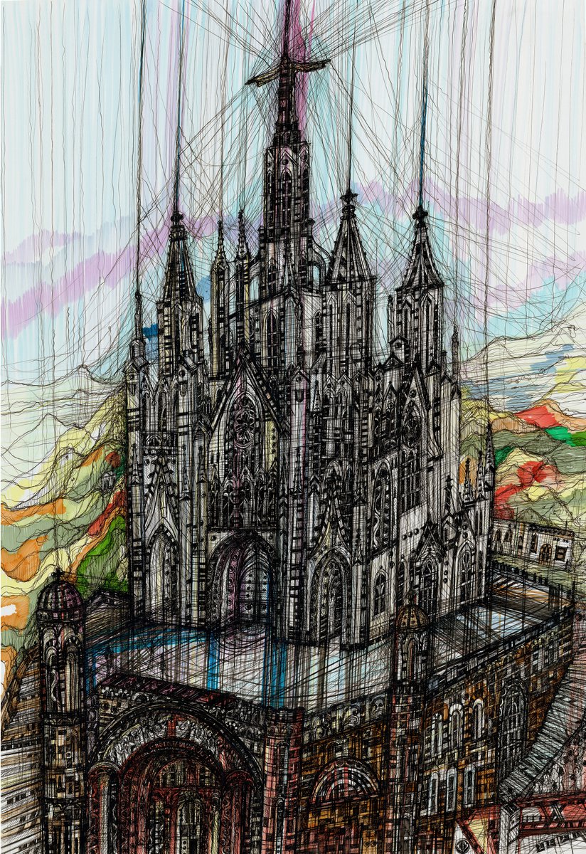 Impressionistic Cityscapes Drawing By Maria Susarenko, 31 X 43", Tibidabo. Barcelona, Original Artwork