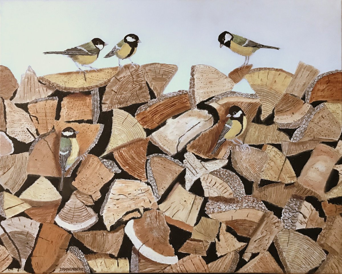 Impressionistic Animal Oil Painting By Leslie Dannenberg, 30 X 24", Birds Of A Feather, Blue Tits, Original Artwork