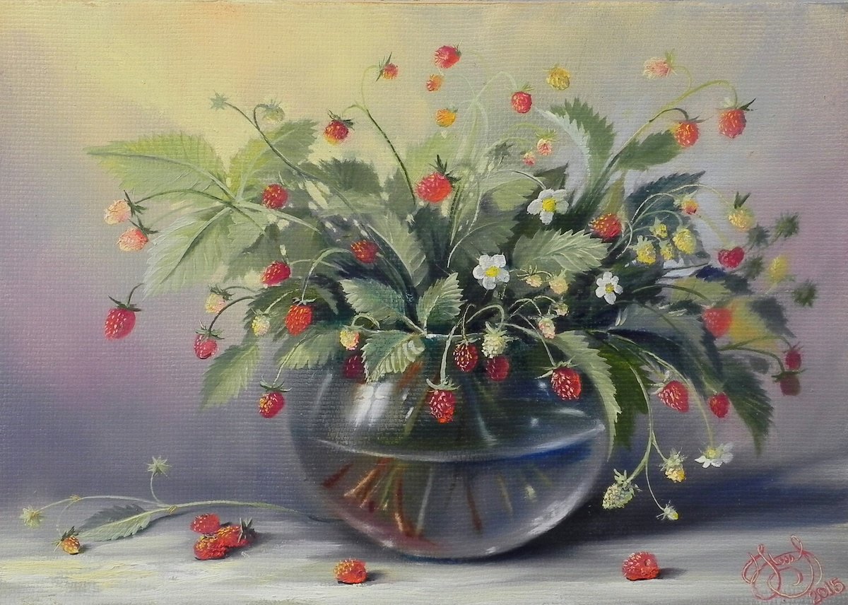 Impressionistic Still Life Oil Painting By Yurii Novikov, 14 X 10", "Berry Flower", Original Artwork