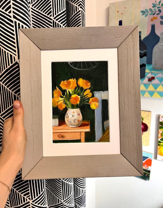 Miniature painting with yellow tulips 6,5x4.7''