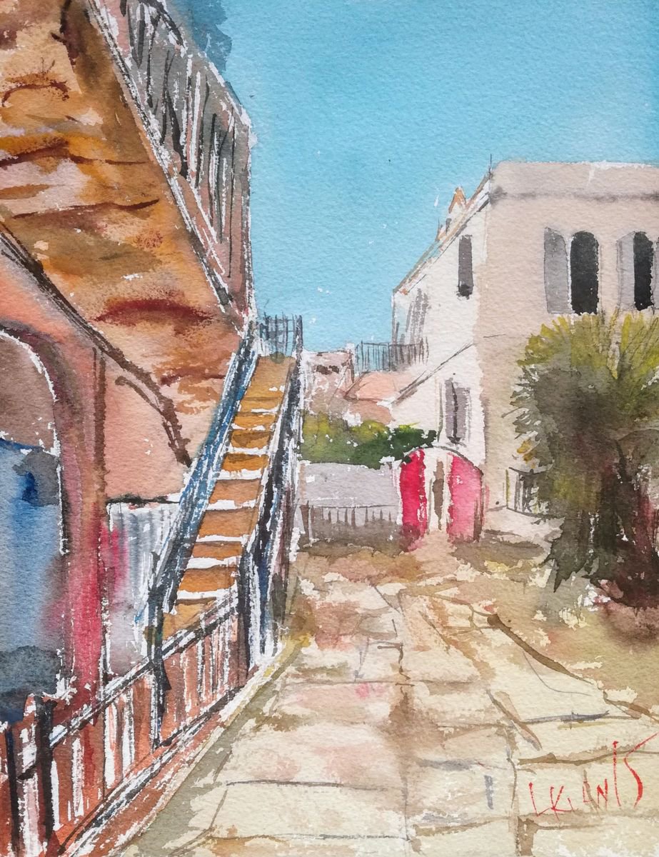 Impressionistic Cityscapes Watercolour By Leonid Kirnus, 10 X 13", Jerusalem Street, Original Artwork