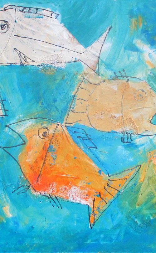 wild fishes collage mixed media oil on canvas 47,2 x 31,5 inch by Sonja Zeltner-Müller