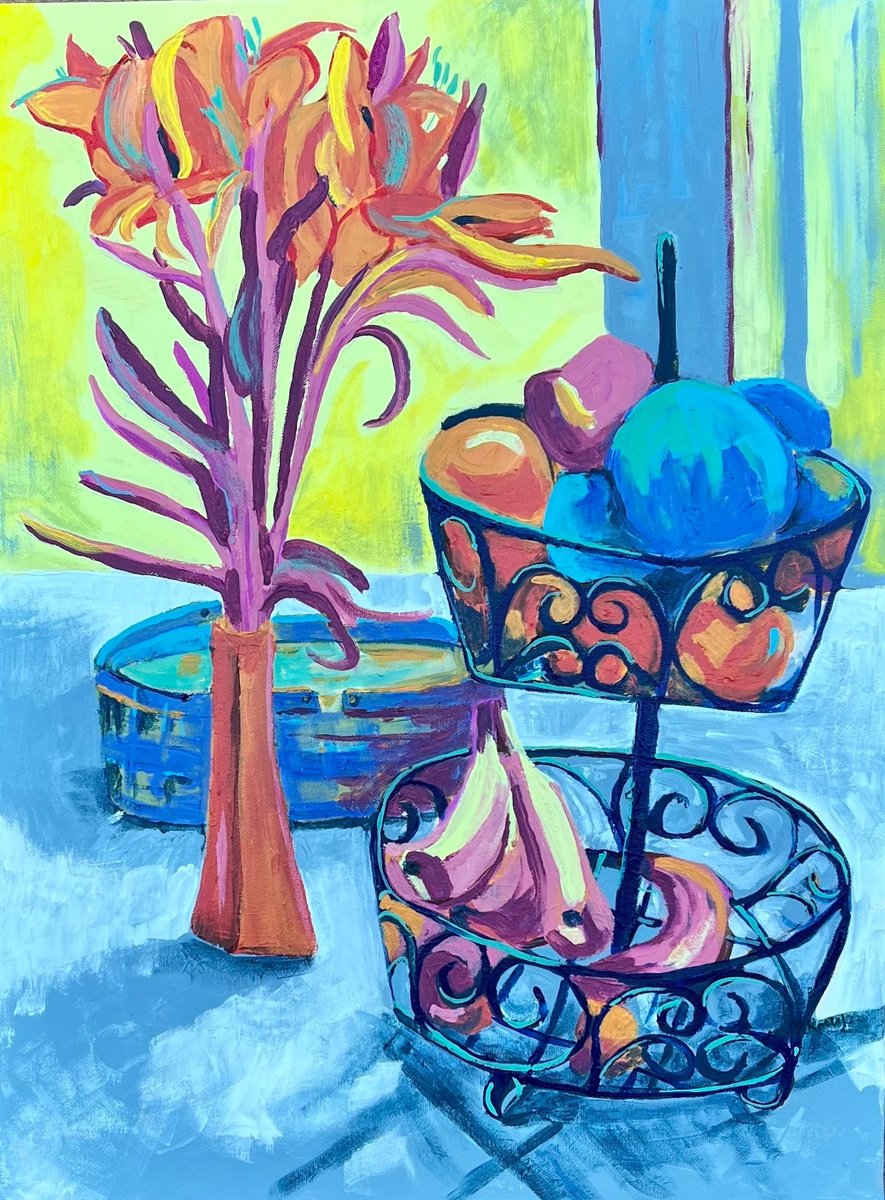 Still Life Acrylic Painting By Heather Kostal, 18 X 24, Flowers, Basket, & Fruit Thing, Original Artwork