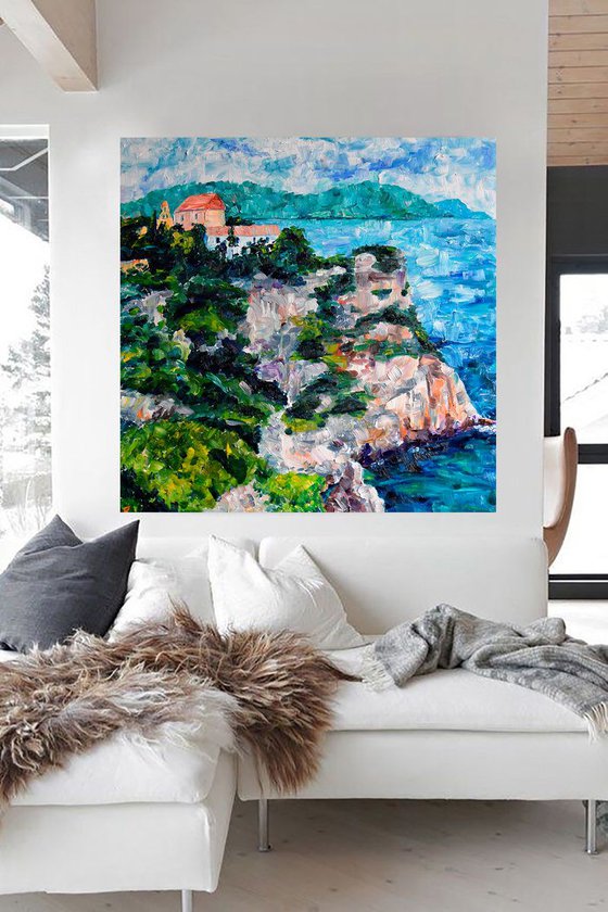 Greece island seascape large oil painting on canvas, monastery on mountain, coastal home decor