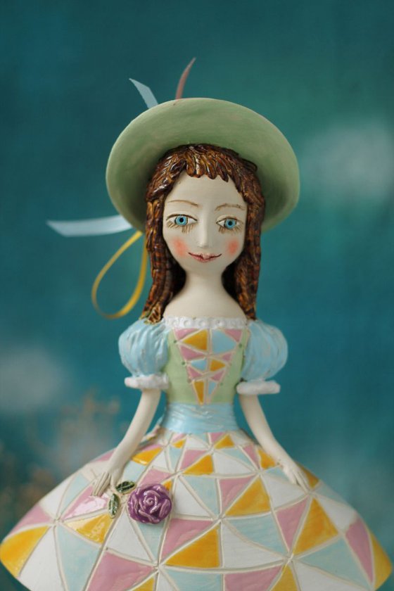 Girl in a green hat, Bell-doll, wall sculpture by Elya Yalonetski