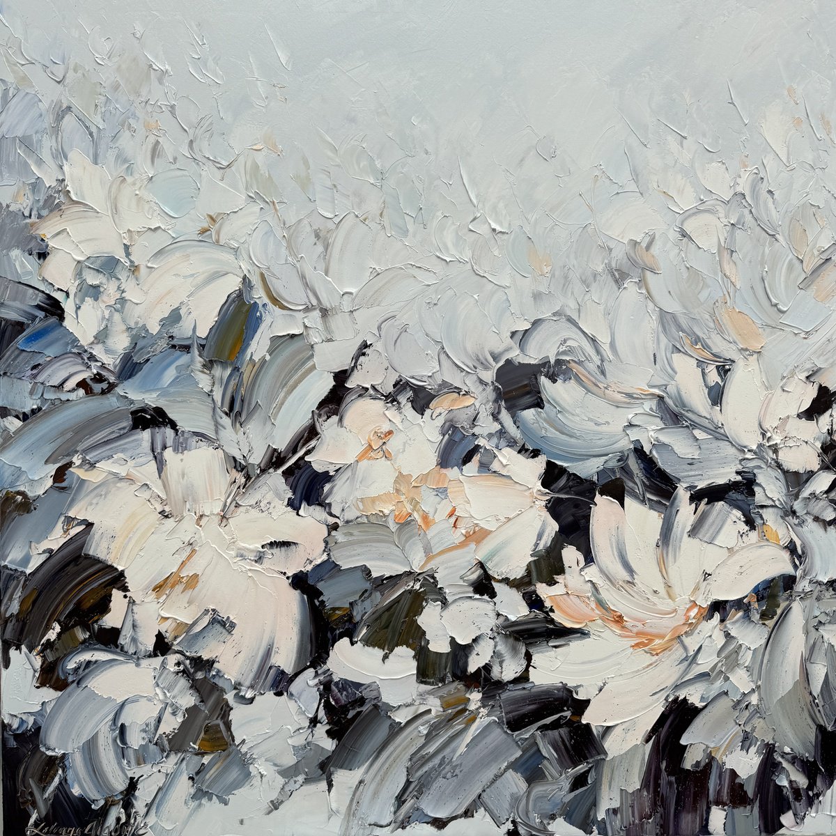 Impressionistic Botanical Oil Painting By Liliana Gigovic, 48 X 48", White Magnolia No 36, Original Artwork