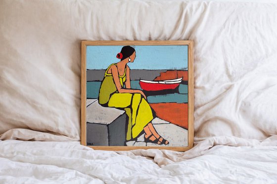 "Woman by the Water with Red Boat" 12x12in