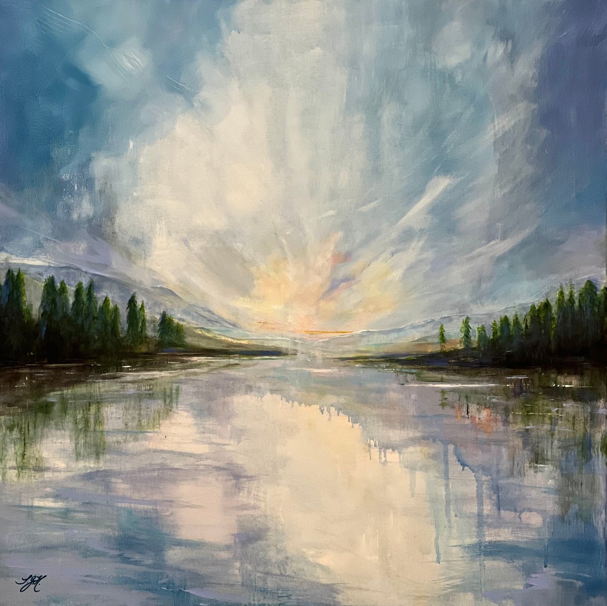 Impressionistic Landscape Acrylic Painting By Sandra Gebhardt-Hoepfner, 24 X 24", Twilight At The Lake, Original Artwork