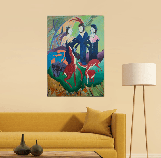 “Three Art Deco Ladies In the Deer Forest”