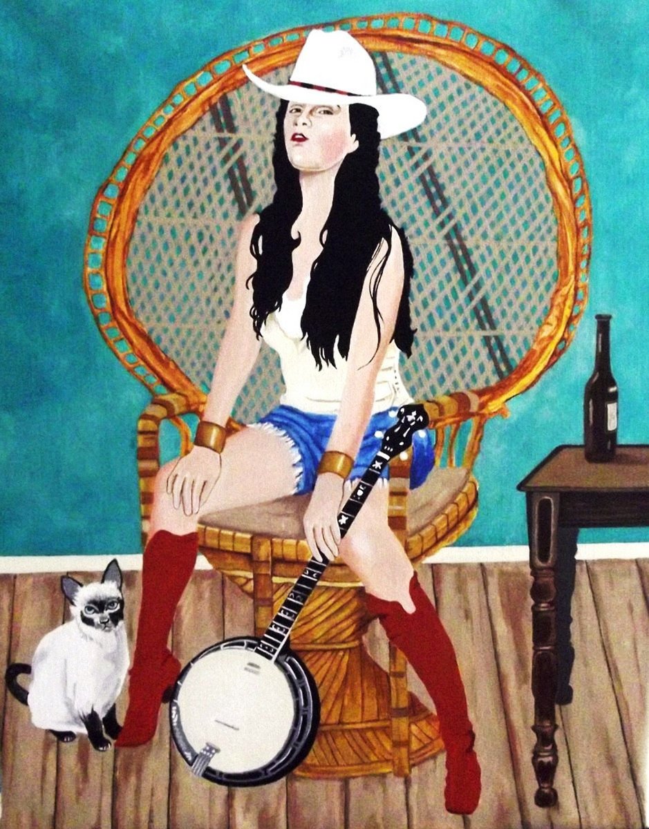 Portrait Acrylic Painting By Andrew Sabori, 24 X 30, Cowgirl With Banjo., Original Artwork