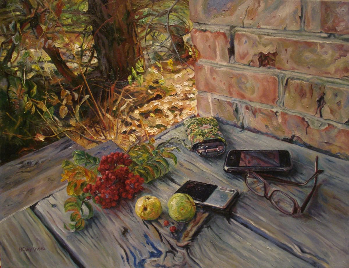 Impressionistic Still Life Oil Painting By Natalia Sidorina, 31 X 24", Still Life In The Summer House, Original Artwork