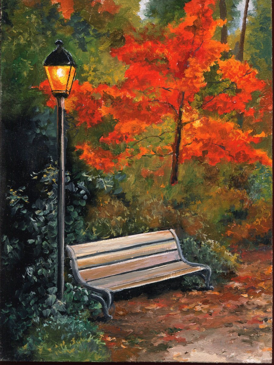 Bench and streetlight in the park by Lucia Verdejo