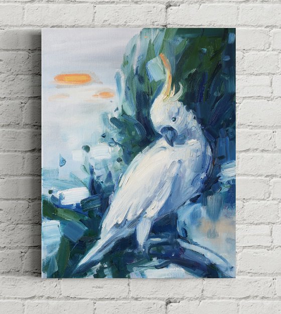 Bird White parrot Oil painting