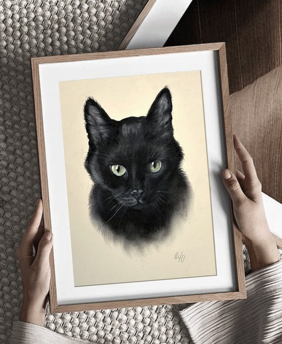 Portrait of Black Cat with Green Eyes