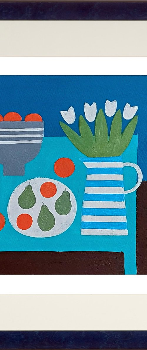 Tulips in a Cornishware Jug III by Jan Rippingham