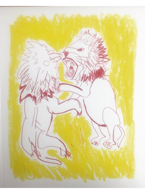 Fighting Lions - Original Signed Pencil and Oil Pastel drawing - A3