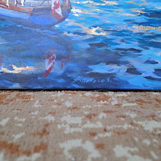 Morning on the bay (mixed-media, acrylic and gold leaf) (36x48x1.5")