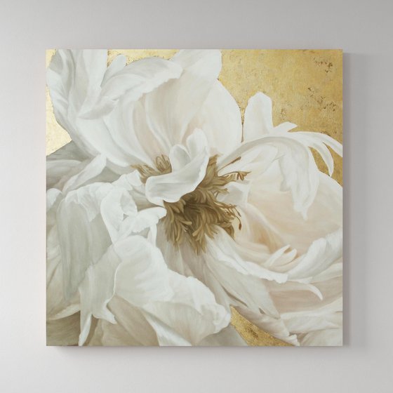 "Silk Flowers 3" White and gold peonies art