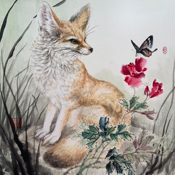 Original Ink Brush Painting, Framed Wall Art, Fennec Fox & Roses