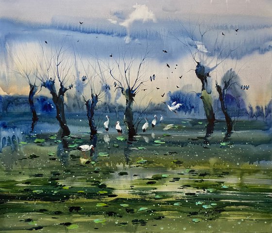 Sold Watercolor "Evening in the lake” gift For Him