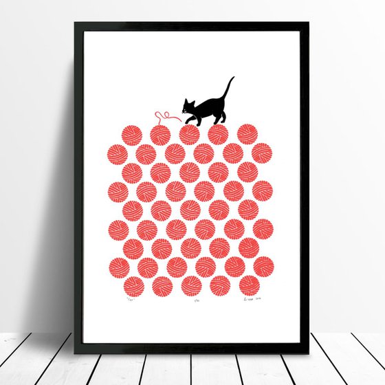 Cat in Cherry Red - Framed - FREE Worldwide Delivery