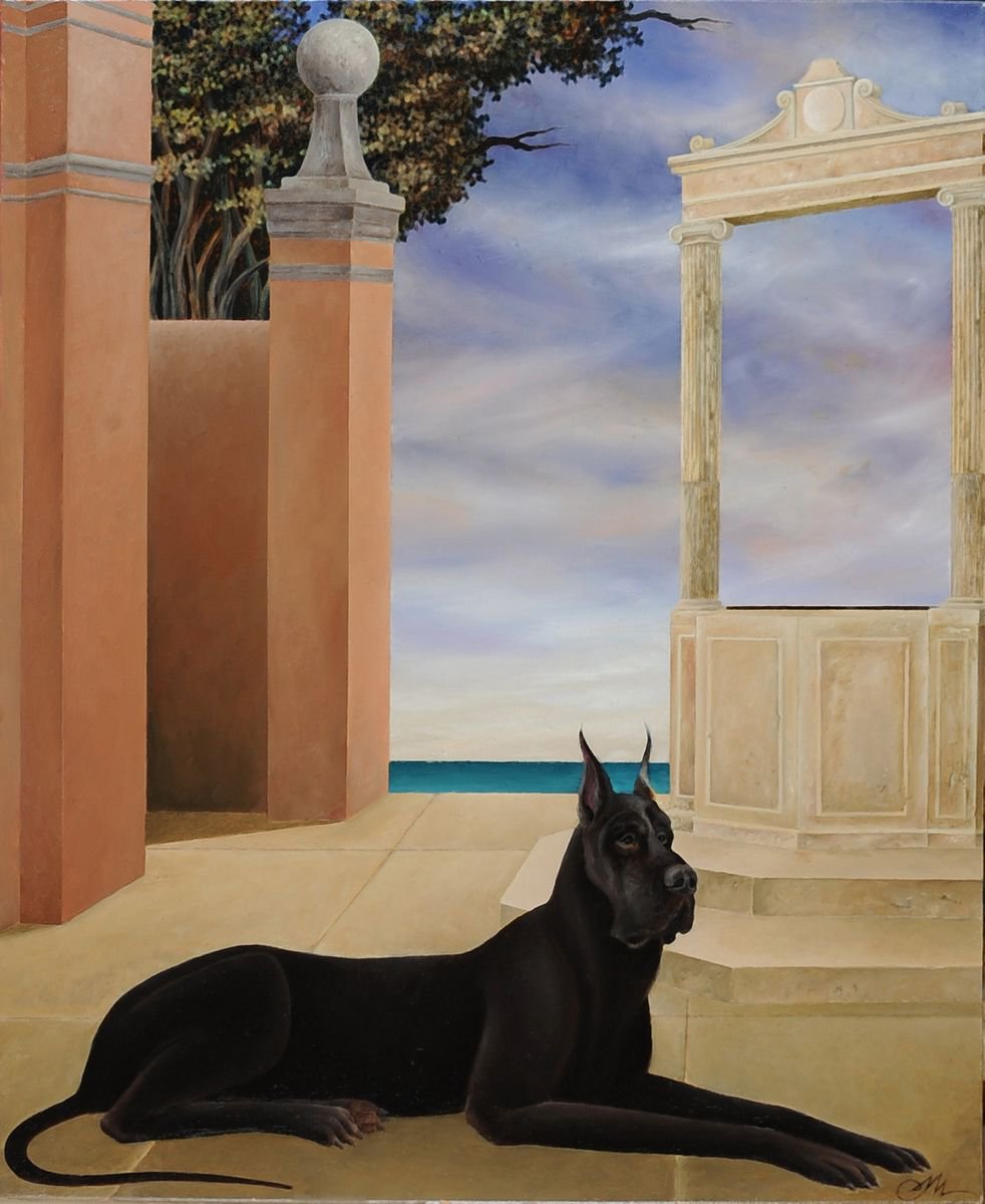 Surrealistic Oil Painting , Great Dane At The Well By Cecco Mariniello, 24 X 29, Artwork For Sale On Artfinder