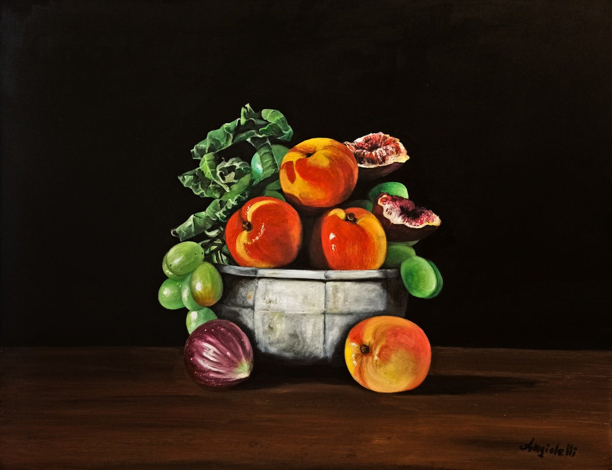 Photorealistic Still Life Oil Painting By Anna Rita Angiolelli, 18 X 14, Summer Fruit, Original Artwork