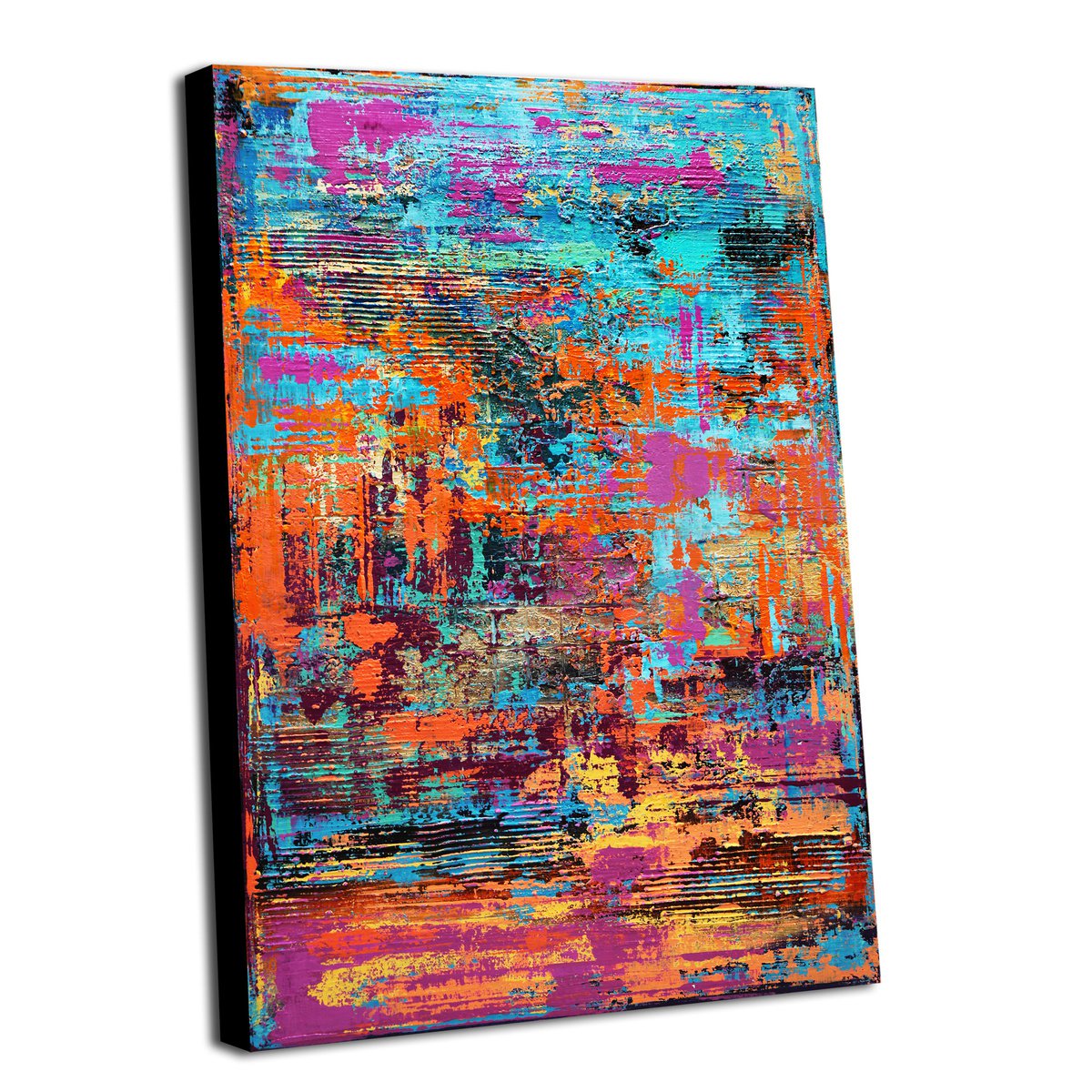 BROKEN RAINBOW - 120 X 80 CMS - ABSTRACT PAINTING TEXTURED * BLUE * ORANGE * GOLD by Inez Froehlich