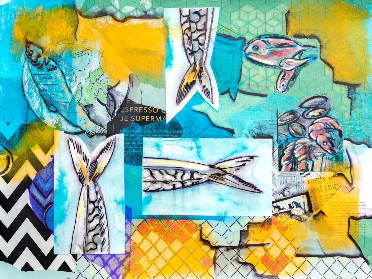 Illustrative Still Life Collage By Ariadna De Raadt, 23 X 18, Kitchen Art - Fishes 2, Original Artwork