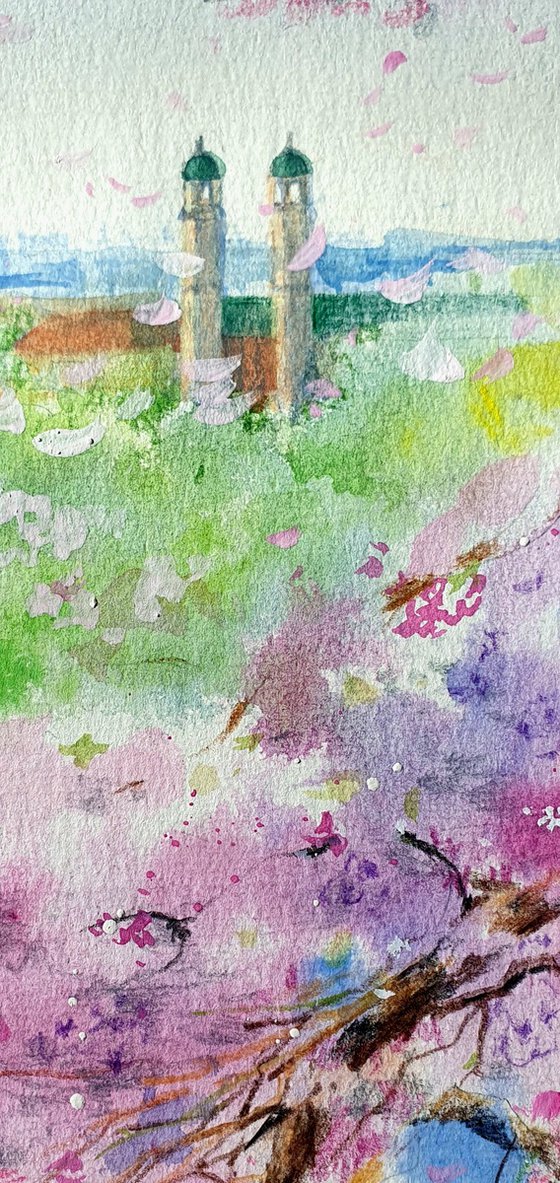 Spring cherry blooming in Munich Olympiapark