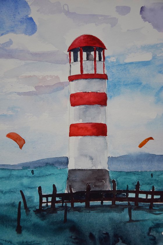 Lighthouse watercolor original painting, seascape wall art, coastal home decor