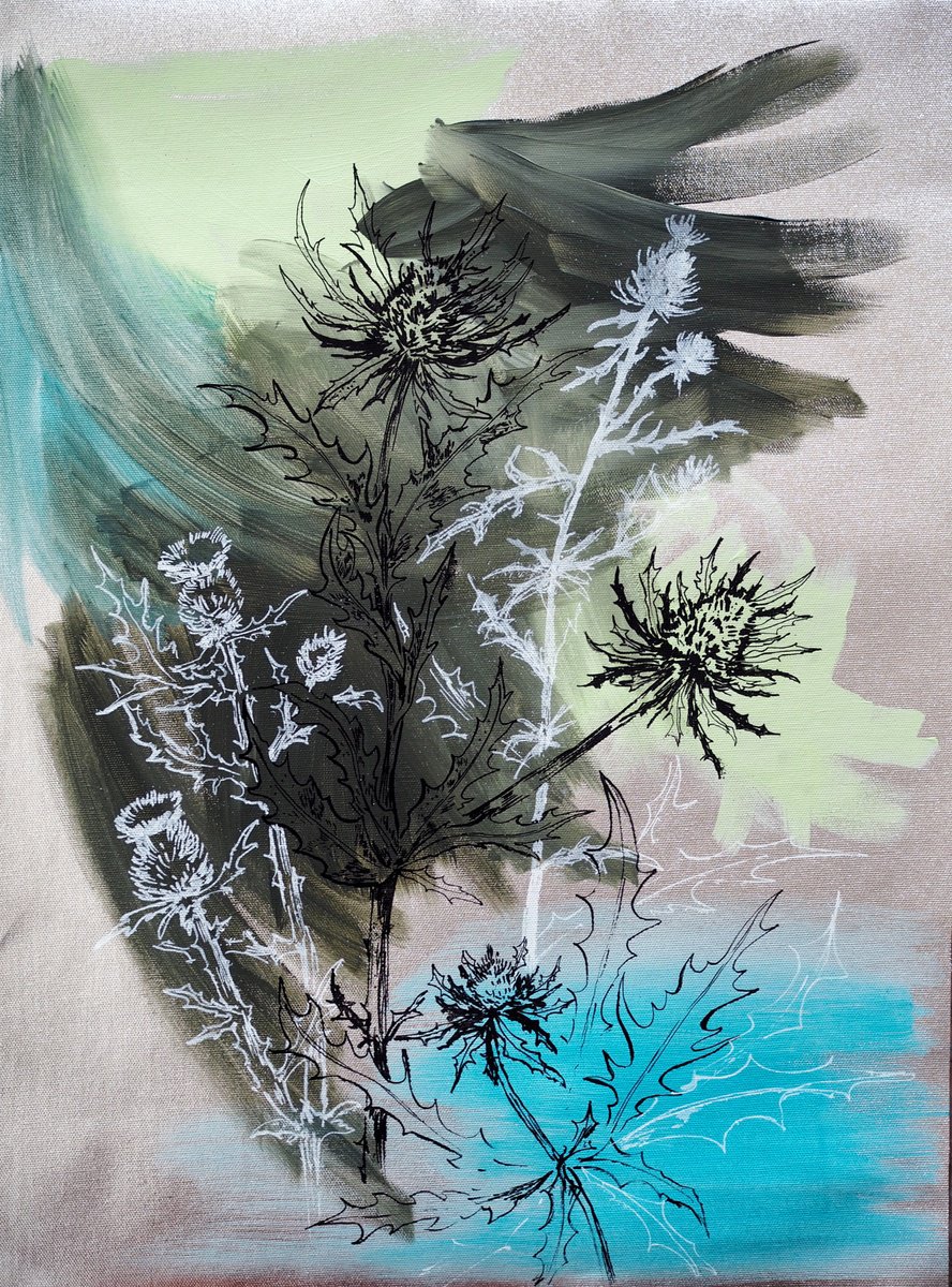 Expressive Botanical Acrylic Painting By Delnara El, 16 X 22, Wild Herbs On Silver, Original Artwork